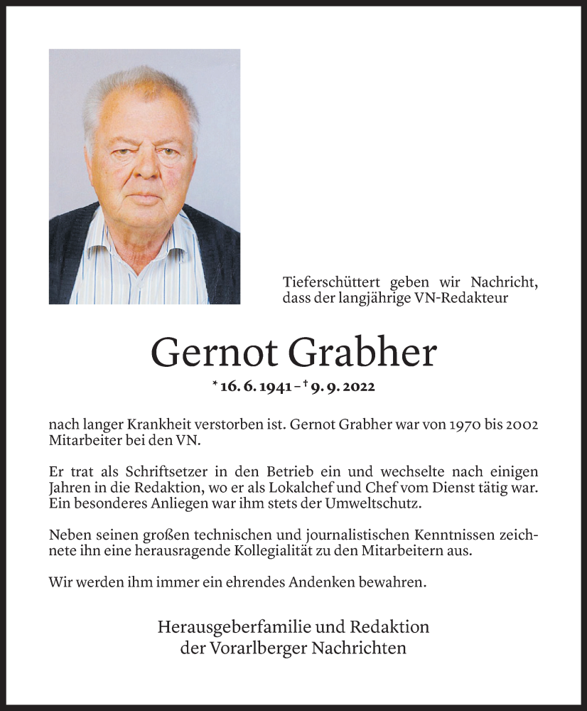  Todesanzeige für Gernot Grabher vom 12.09.2022 aus Vorarlberger Nachrichten