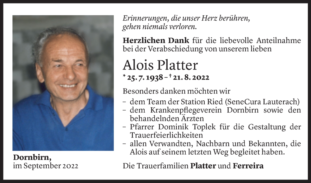  Todesanzeige für Alois Platter vom 27.09.2022 aus Vorarlberger Nachrichten
