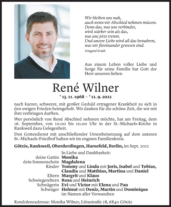 Todesanzeige von René Wilner von Vorarlberger Nachrichten