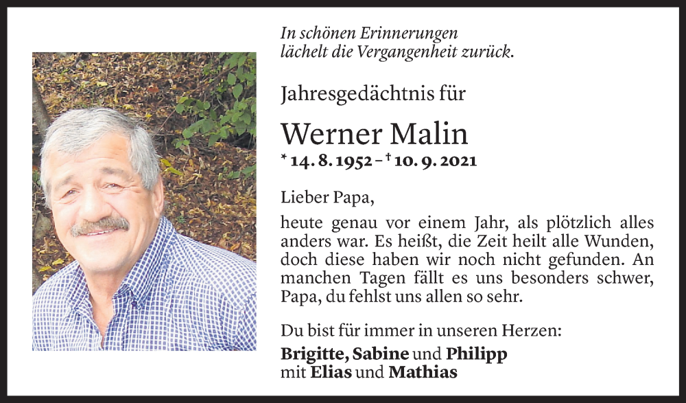  Todesanzeige für Werner Malin vom 10.09.2022 aus Vorarlberger Nachrichten