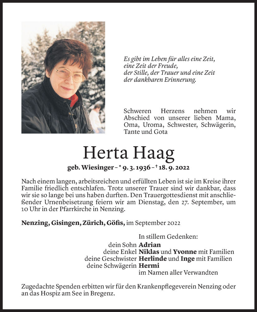  Todesanzeige für Herta Haag vom 24.09.2022 aus Vorarlberger Nachrichten