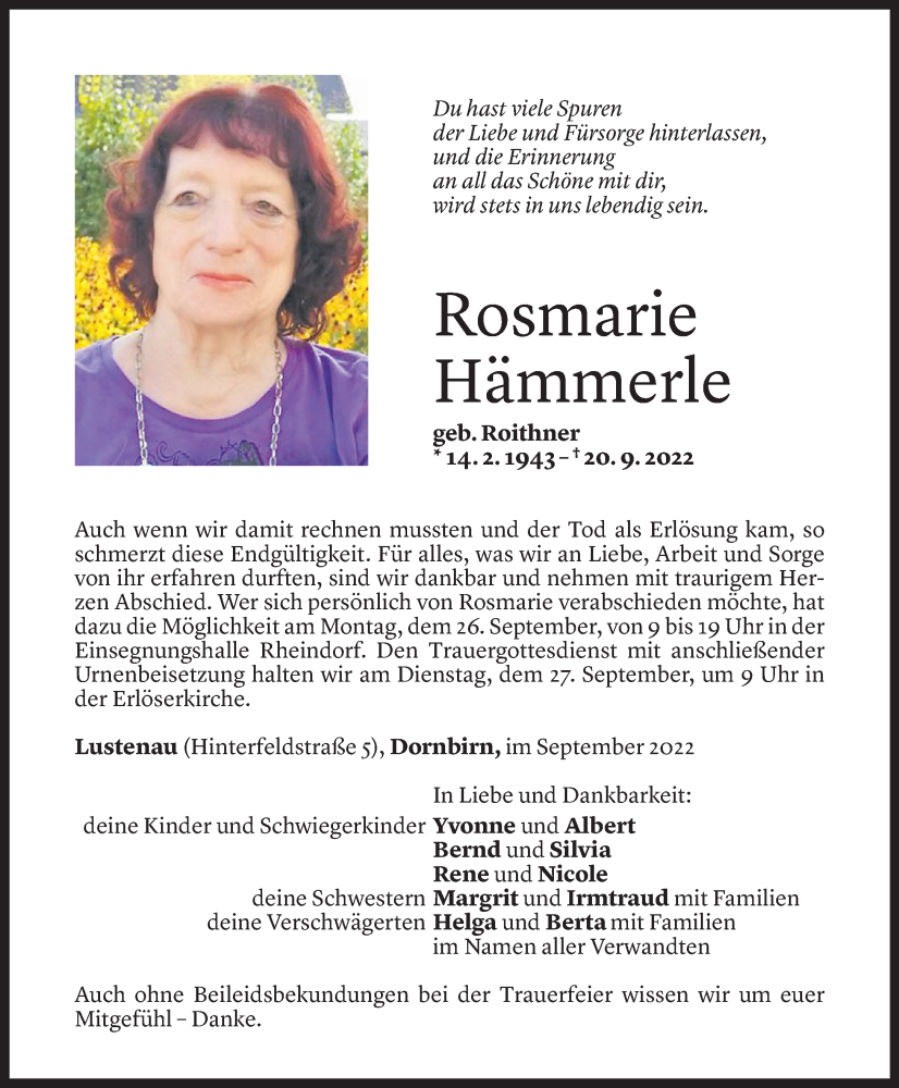  Todesanzeige für Rosmarie Hämmerle vom 24.09.2022 aus Vorarlberger Nachrichten