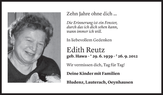 Todesanzeige von Edith Reutz von Vorarlberger Nachrichten