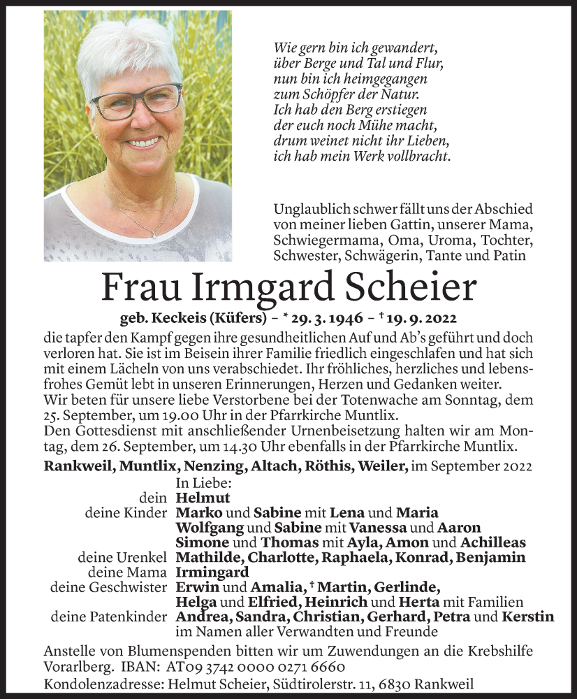  Todesanzeige für Irmgard Scheier vom 22.09.2022 aus Vorarlberger Nachrichten