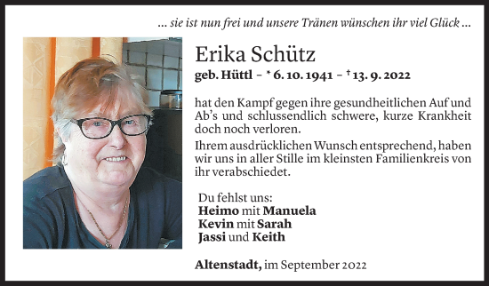 Todesanzeige von Erika Schütz von Vorarlberger Nachrichten