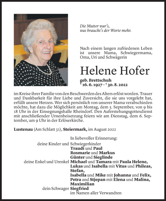 Todesanzeige von Helene Hofer von Vorarlberger Nachrichten