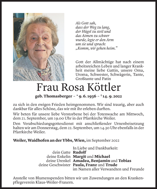Todesanzeige von Rosa Köttler von Vorarlberger Nachrichten