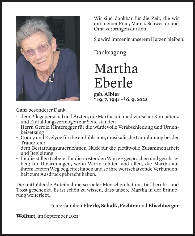  Todesanzeige für Martha Eberle vom 23.09.2022 aus Vorarlberger Nachrichten