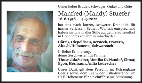 Todesanzeige von Manfred Stuefer von Vorarlberger Nachrichten