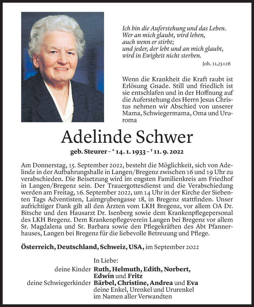  Todesanzeige für Adelinde Schwer vom 14.09.2022 aus Vorarlberger Nachrichten