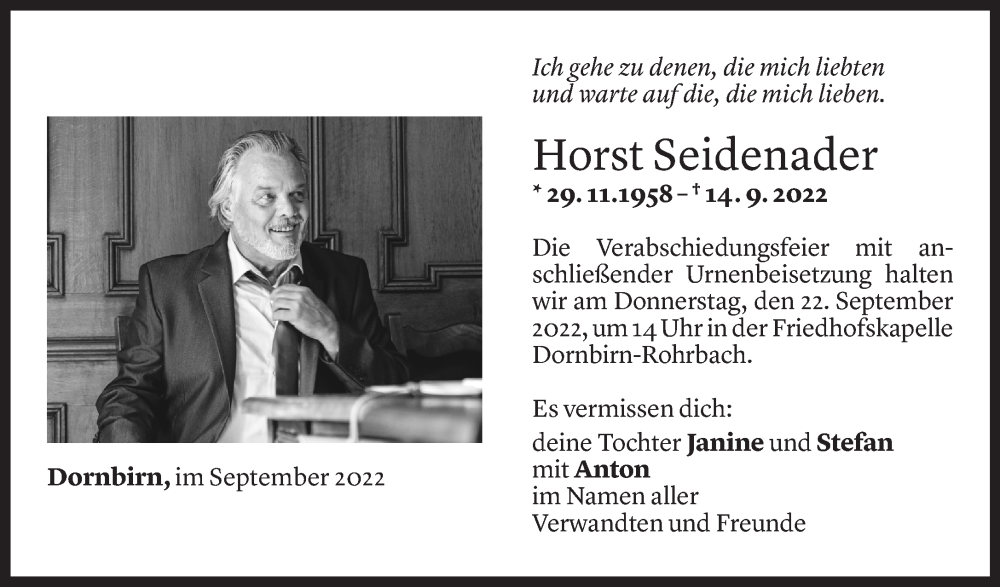 Todesanzeige für Horst Seidenader vom 16.09.2022 aus Vorarlberger Nachrichten