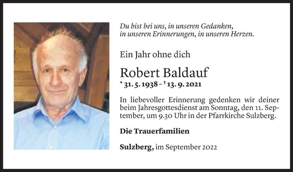  Todesanzeige für Robert Baldauf vom 09.09.2022 aus Vorarlberger Nachrichten