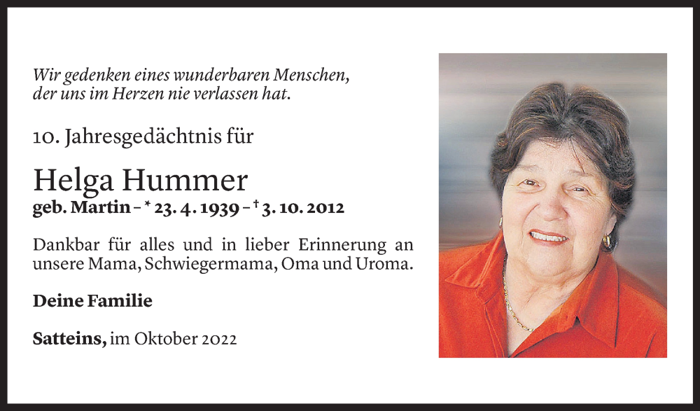  Todesanzeige für Helga Hummer vom 01.10.2022 aus Vorarlberger Nachrichten