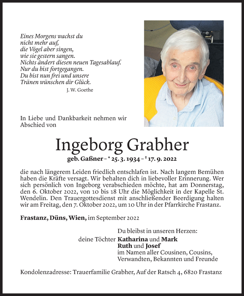 Todesanzeige für Ingeborg Grabher vom 23.09.2022 aus 