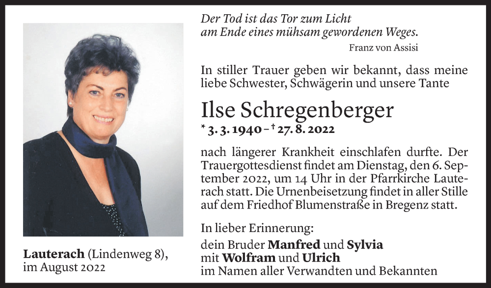  Todesanzeige für Ilse Schregenberger vom 02.09.2022 aus Vorarlberger Nachrichten