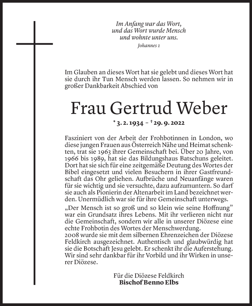  Todesanzeige für Gertrud Weber vom 01.10.2022 aus Vorarlberger Nachrichten