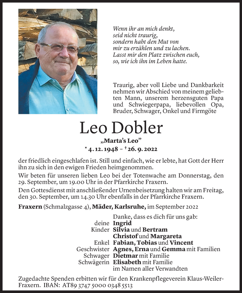 Todesanzeige für Leo Dobler vom 28.09.2022 aus Vorarlberger Nachrichten