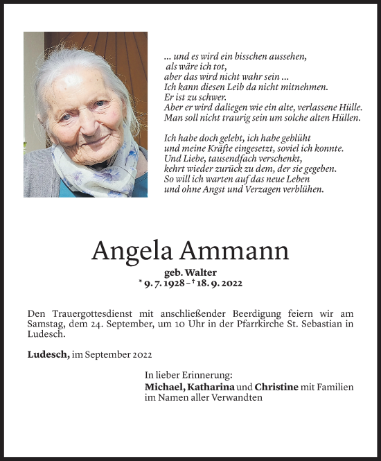 Todesanzeige von Angela Ammann von Vorarlberger Nachrichten