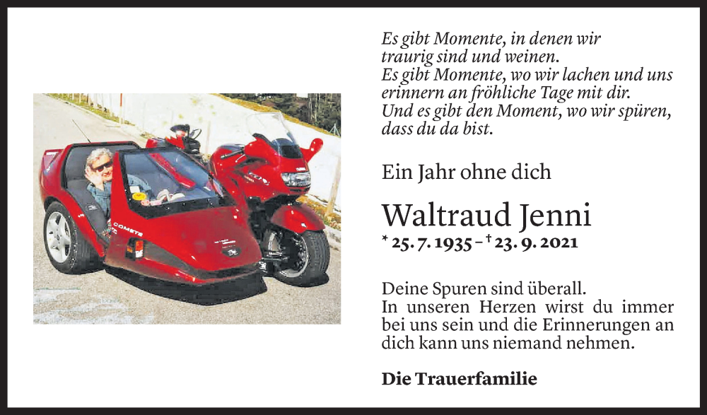  Todesanzeige für Waltraud Jenni vom 23.09.2022 aus Vorarlberger Nachrichten