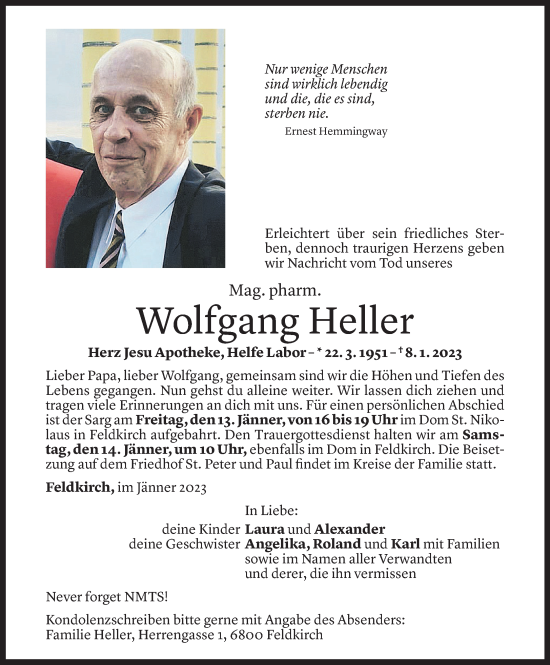 Todesanzeige von Wolfgang Heller von Vorarlberger Nachrichten