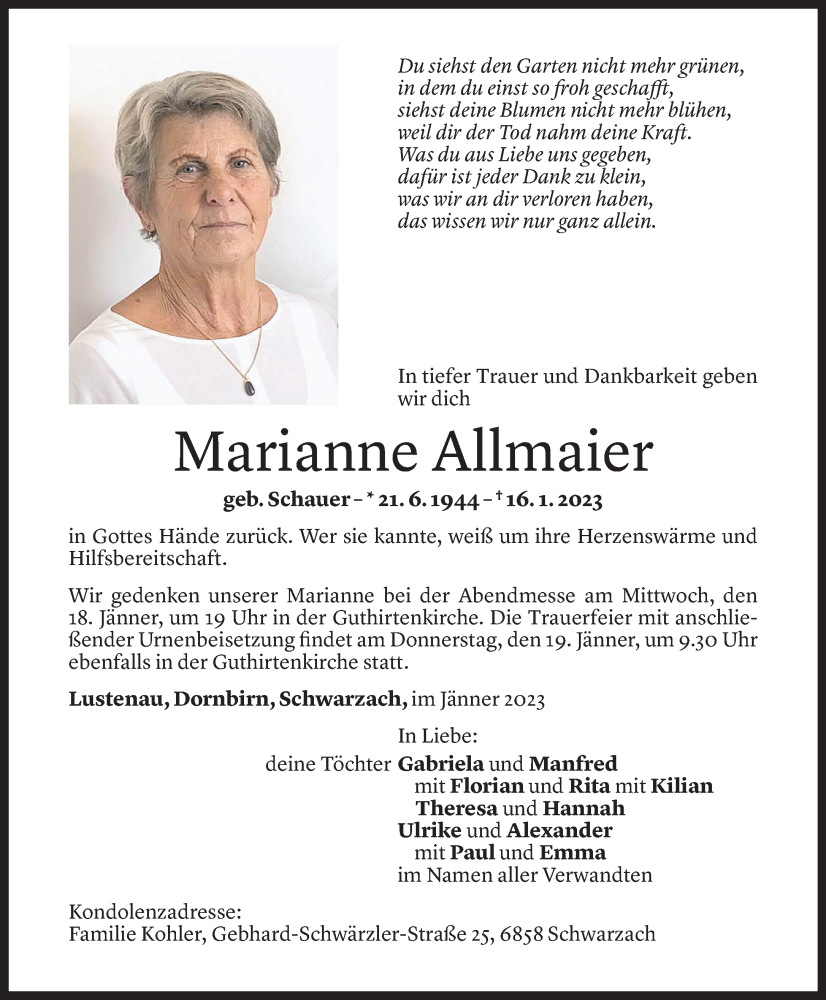  Todesanzeige für Marianne Allmaier vom 16.01.2023 aus Vorarlberger Nachrichten