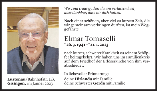 Todesanzeige von Elmar Tomaselli von Vorarlberger Nachrichten