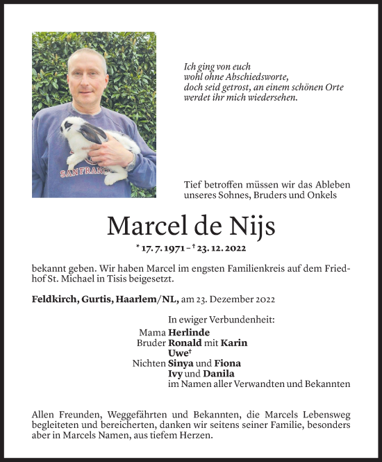 Todesanzeige von Marcel De Nijs von Vorarlberger Nachrichten