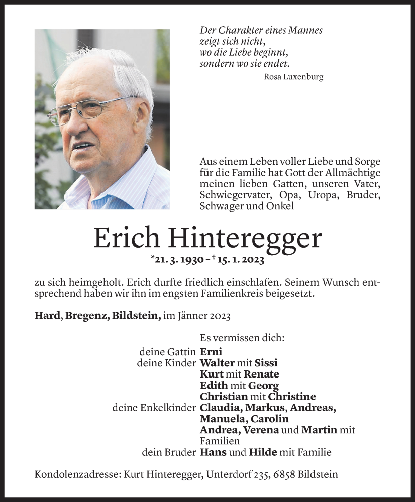  Todesanzeige für Erich Hinteregger vom 20.01.2023 aus vorarlberger nachrichten