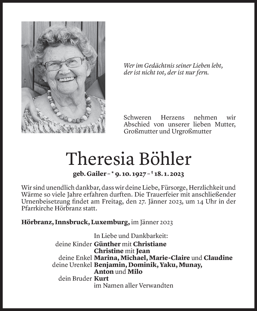  Todesanzeige für Theresia Böhler vom 25.01.2023 aus Vorarlberger Nachrichten