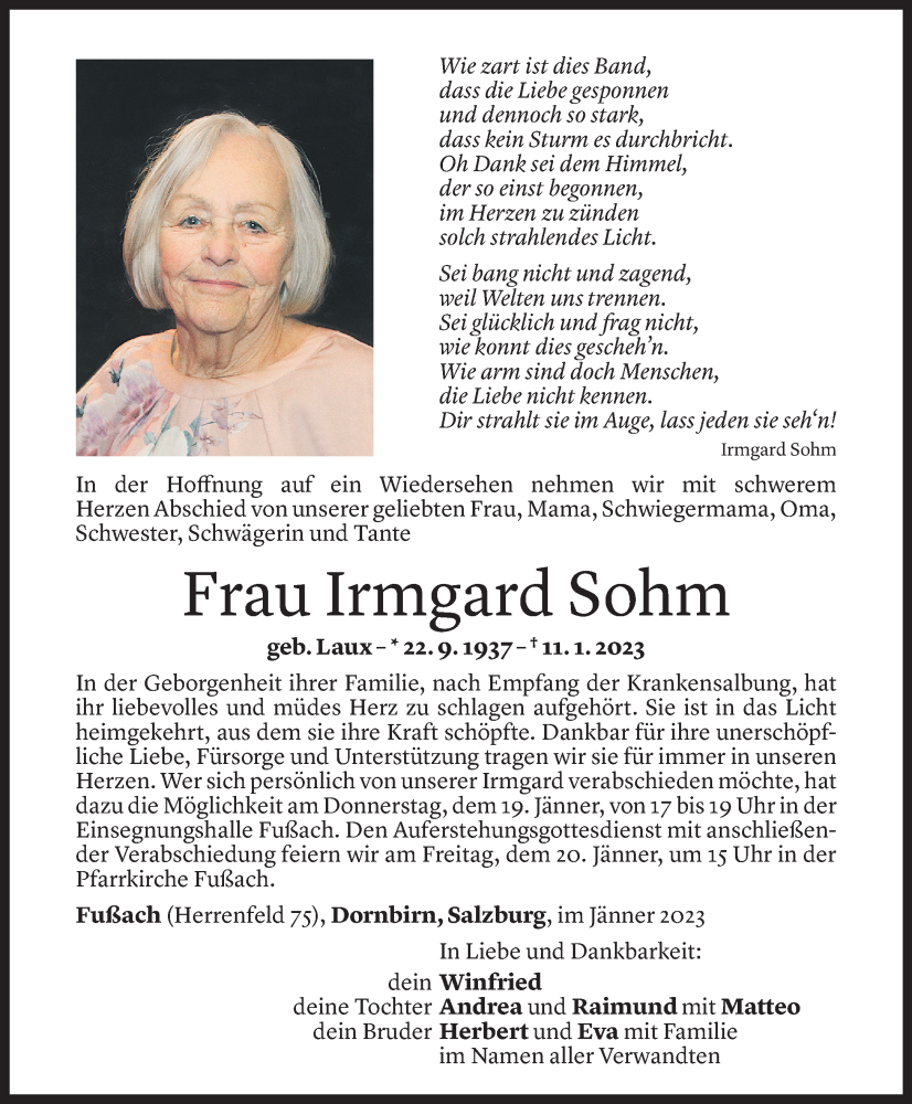  Todesanzeige für Irmgard Sohm vom 17.01.2023 aus Vorarlberger Nachrichten