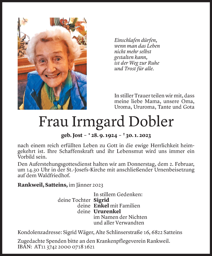  Todesanzeige für Irmgard Dobler vom 31.01.2023 aus Vorarlberger Nachrichten