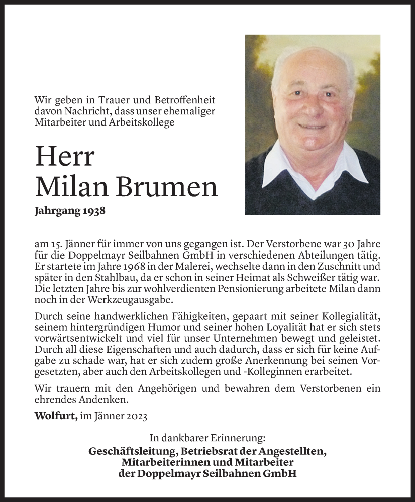  Todesanzeige für Milan Brumen vom 20.01.2023 aus Vorarlberger Nachrichten