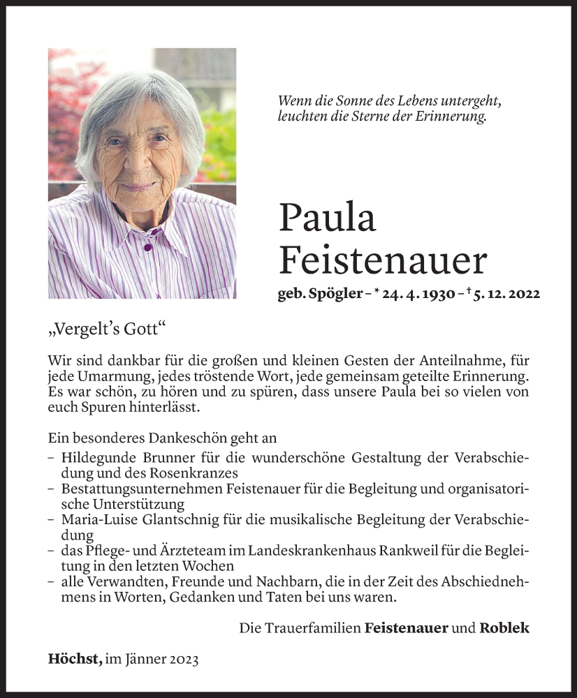  Todesanzeige für Paula Feistenauer vom 06.01.2023 aus Vorarlberger Nachrichten