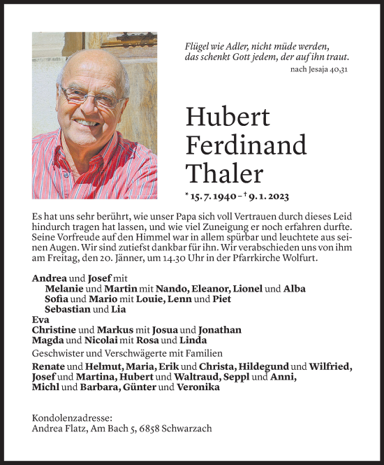 Todesanzeige von Hubert Thaler von Vorarlberger Nachrichten
