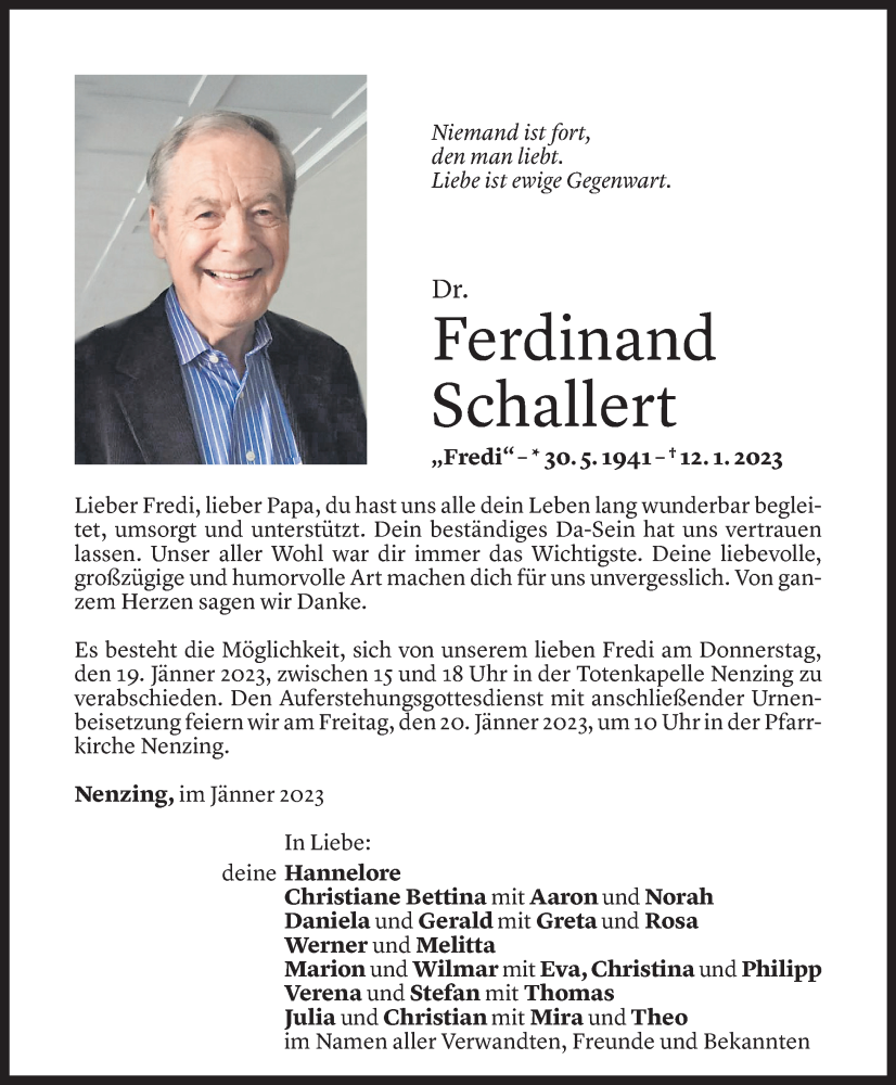  Todesanzeige für Ferdinand Schallert vom 17.01.2023 aus Vorarlberger Nachrichten