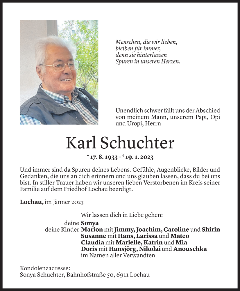  Todesanzeige für Karl Schuchter vom 31.01.2023 aus Vorarlberger Nachrichten