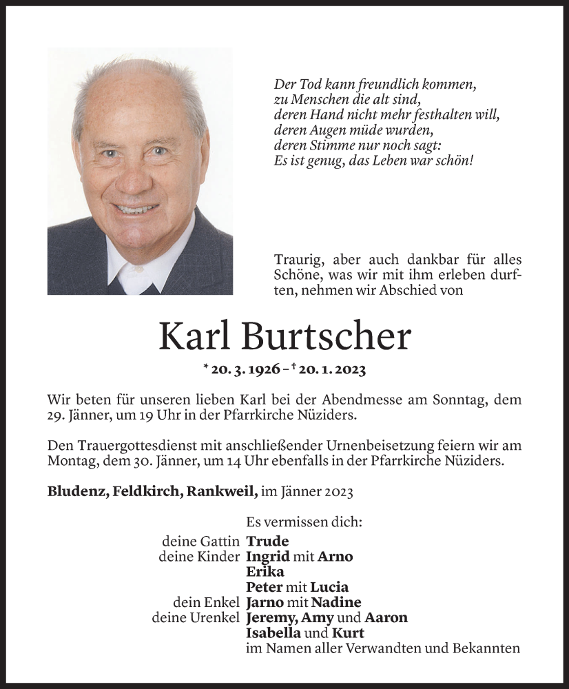  Todesanzeige für Karl Burtscher vom 26.01.2023 aus Vorarlberger Nachrichten