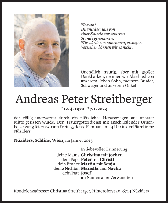 Todesanzeige von Andreas Streitberger von Vorarlberger Nachrichten