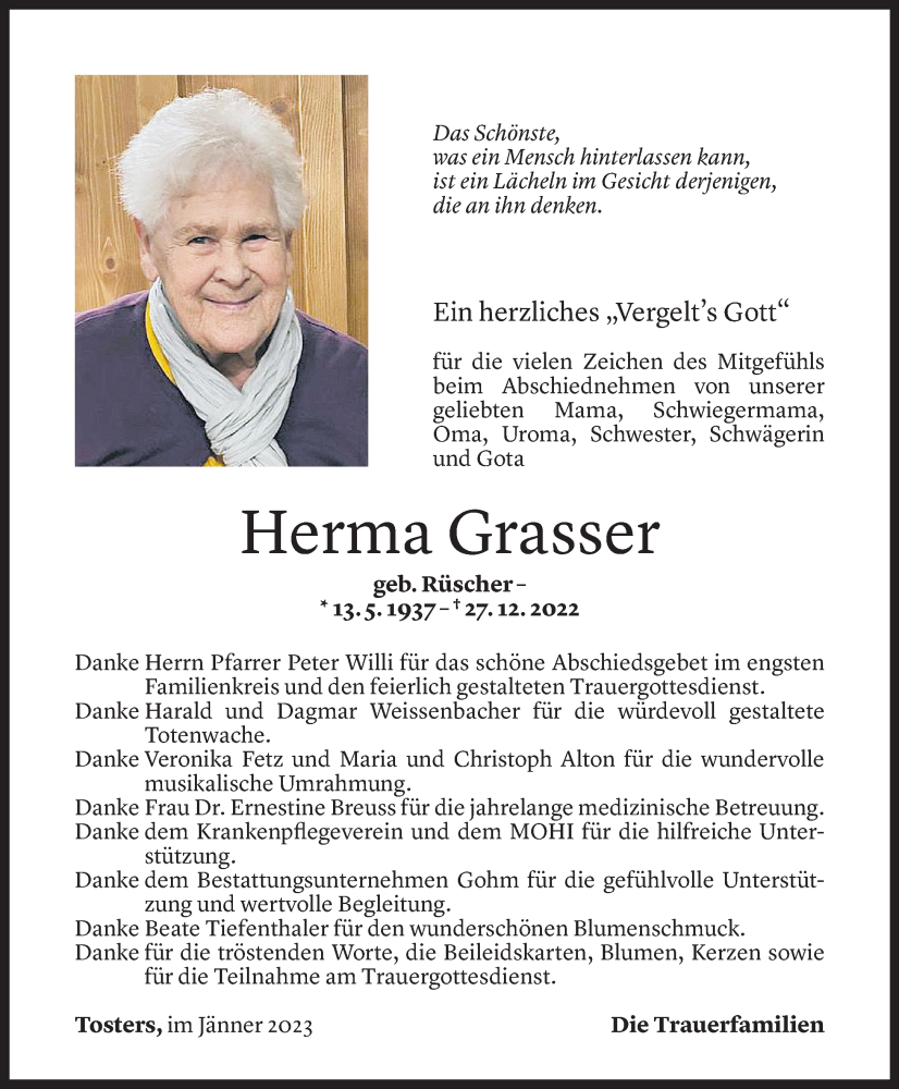  Todesanzeige für Herma Grasser vom 20.01.2023 aus Vorarlberger Nachrichten