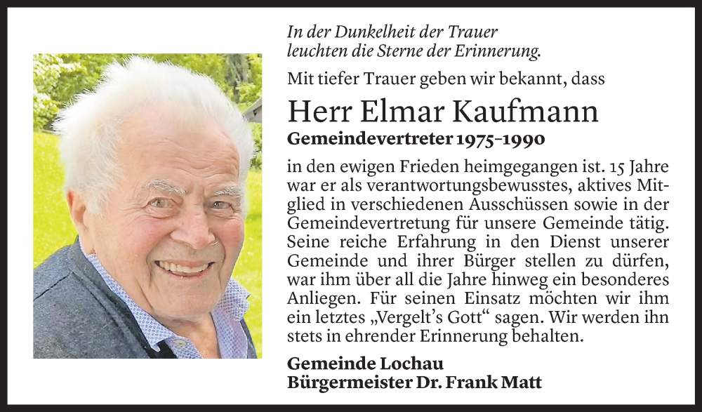  Todesanzeige für Elmar Kaufmann vom 26.01.2023 aus Vorarlberger Nachrichten