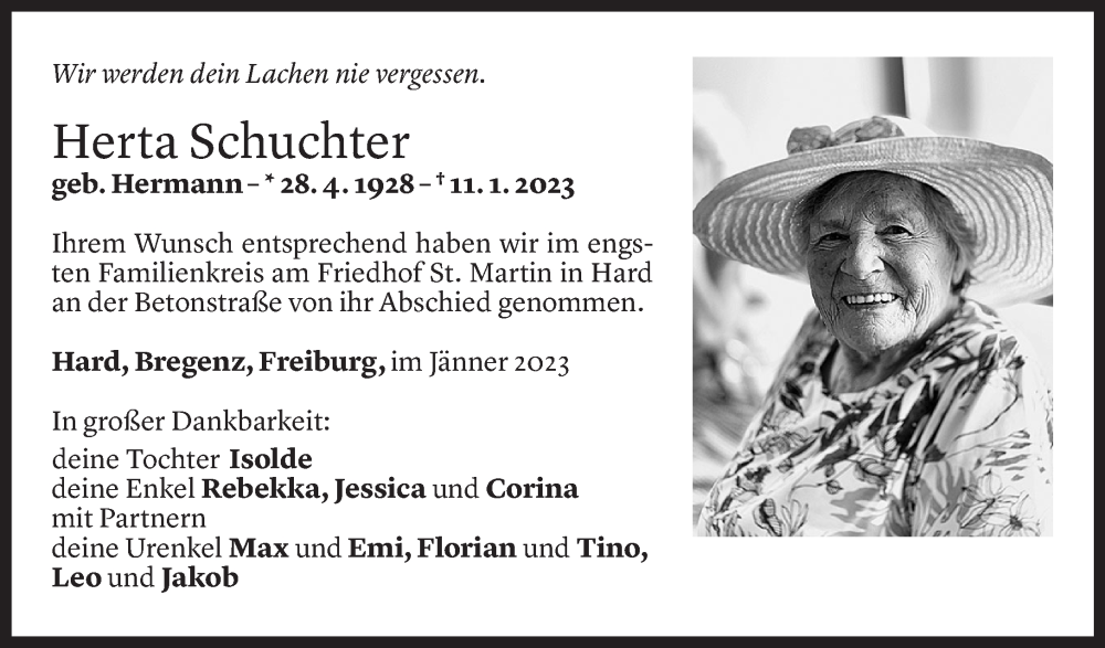  Todesanzeige für Herta Schuchter vom 20.01.2023 aus Vorarlberger Nachrichten