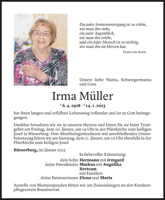 Todesanzeige von Irma Müller von Vorarlberger Nachrichten