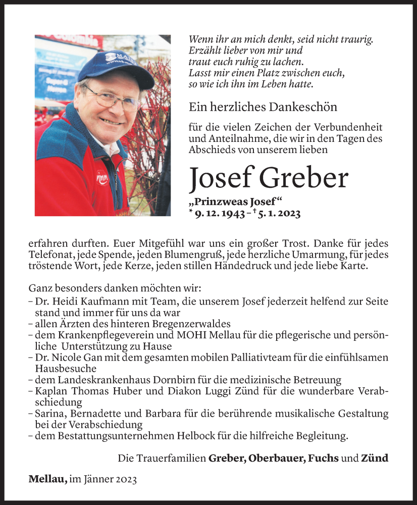  Todesanzeige für Josef Greber vom 26.01.2023 aus Vorarlberger Nachrichten