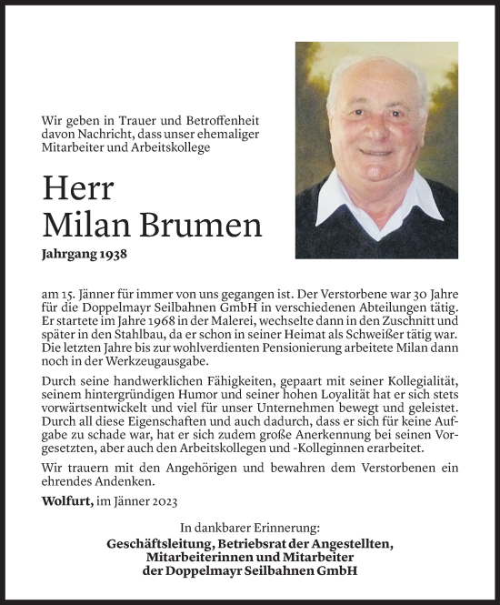 Todesanzeige von Milan Brumen von Vorarlberger Nachrichten