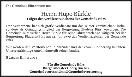 Todesanzeige von Hugo Bürkle von Vorarlberger Nachrichten
