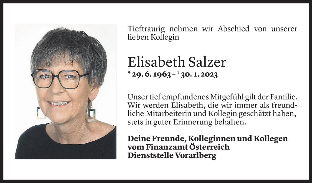  Todesanzeige für Elisabeth Salzer vom 01.02.2023 aus Vorarlberger Nachrichten