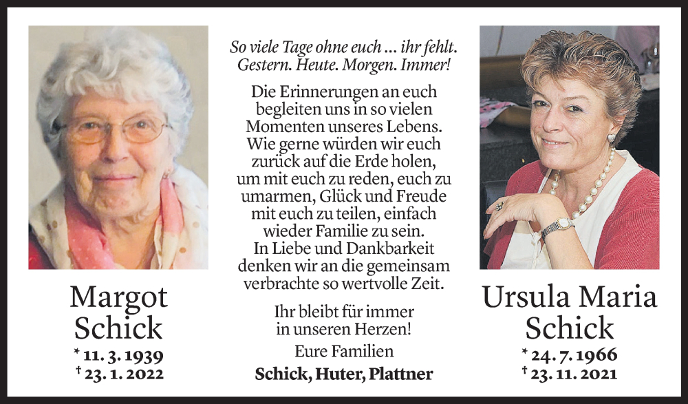  Todesanzeige für Margot Schick vom 20.01.2023 aus Vorarlberger Nachrichten
