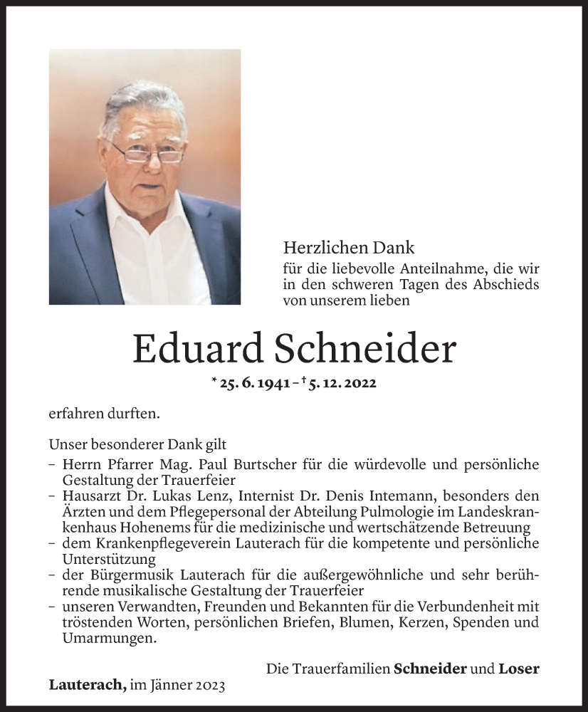  Todesanzeige für Eduard Schneider vom 13.01.2023 aus Vorarlberger Nachrichten