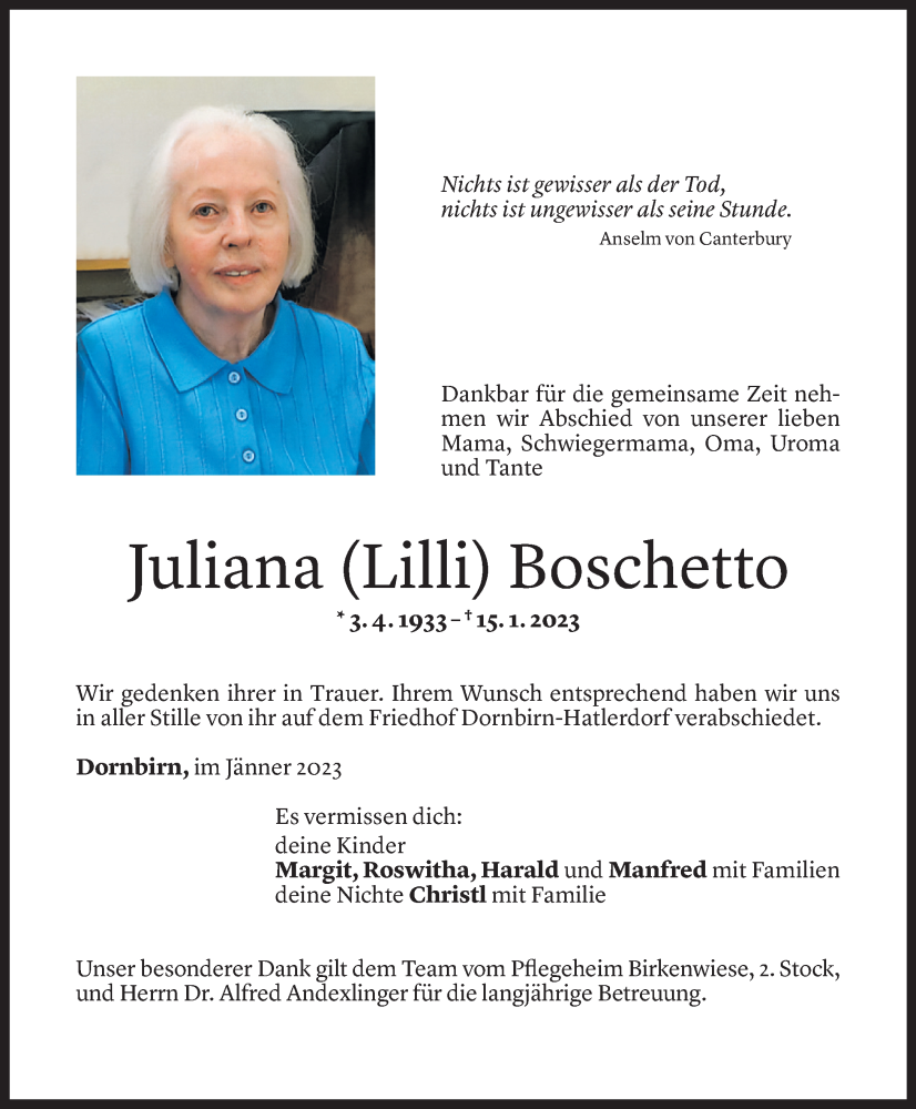  Todesanzeige für Juliana Boschetto vom 26.01.2023 aus Vorarlberger Nachrichten