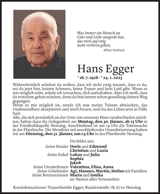 Todesanzeige von Hans Egger von Vorarlberger Nachrichten